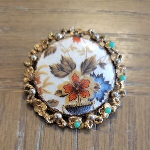 Vintage Floral painted Brooch with gold tone and blue bead accents marked LJMC